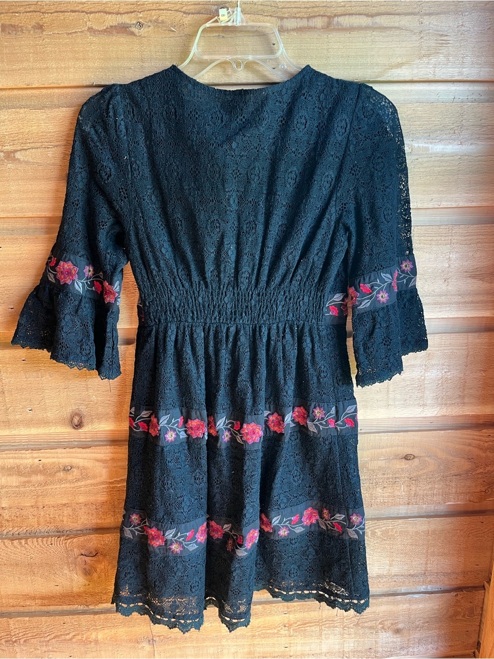 FLYING TOMATO - Boho Black Lace Mini Dress with Pink Floral Embroidery - Picture 10 of 10